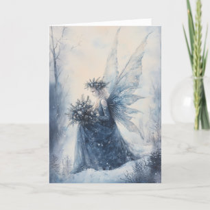 Watercolor Christmas Blue Fairy in Snowy Field Card