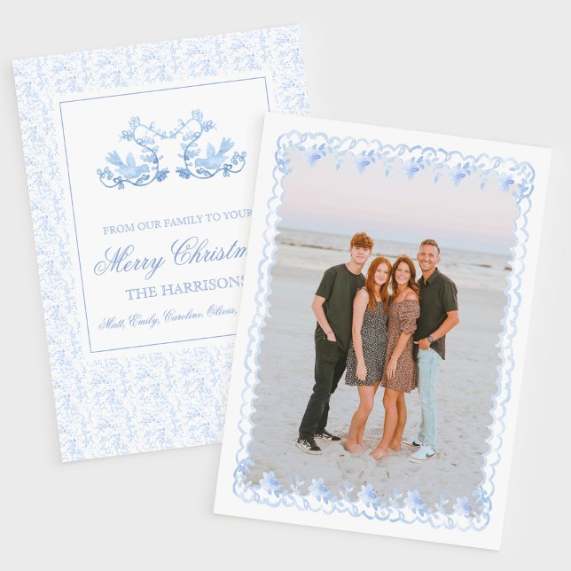 Watercolor Christmas Blue Grandmillennial Floral Holiday Card (Creator Uploaded)