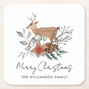 Watercolor Christmas Botanical Deer Holiday Square Paper Coaster
