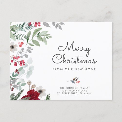 Watercolor Christmas Botanical Floral New Address Announcement Postcard