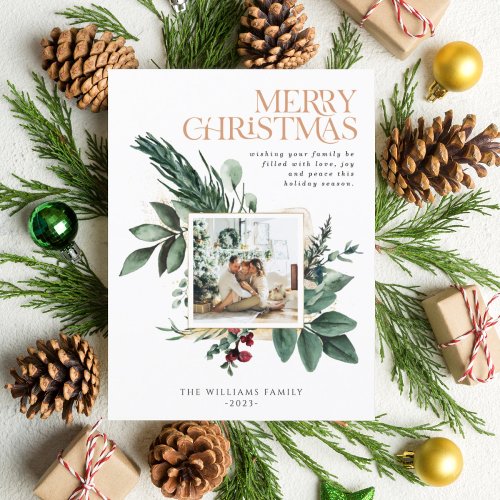 Watercolor Christmas Botanical Foliage One Photo Holiday Postcard