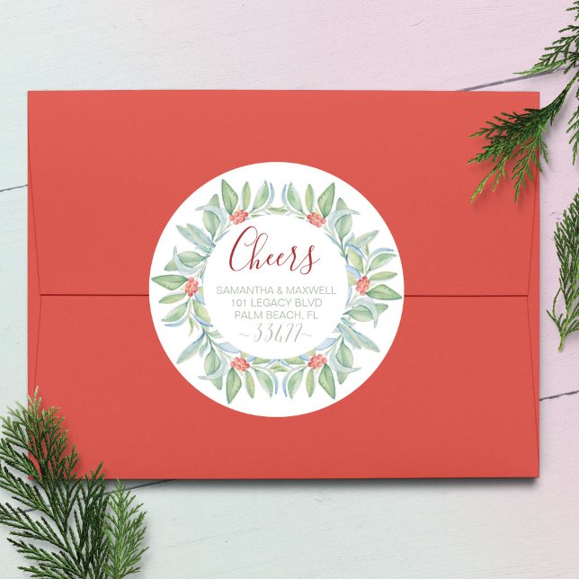 Watercolor Christmas Botanical Leaves Address Classic Round Sticker (Christmas return address envelope seal watercolor holly and berries are by Victoria Grigaliunas)