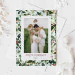 Watercolor Christmas Botanical Pattern Photo Holiday Card<br><div class="desc">Happy Holidays! Send holiday greetings to family and friends with this holiday greenery-themed card. It features watercolor pattern of hollies and Christmas foliage. Personalize by adding a vertical photo,  names and message.</div>
