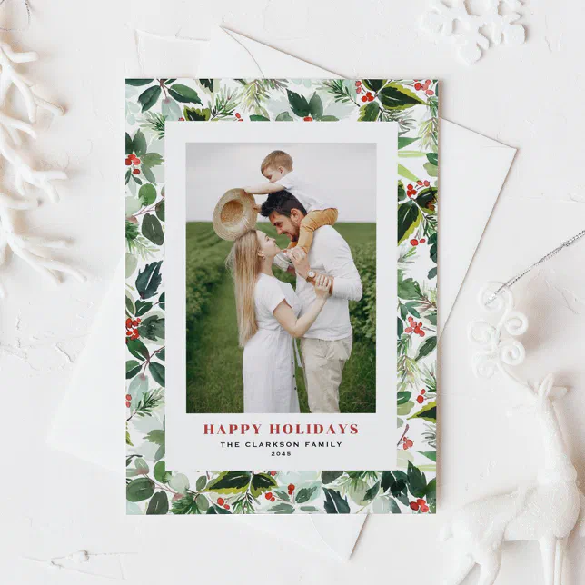 Watercolor Christmas Botanical Pattern Photo Holiday Card
