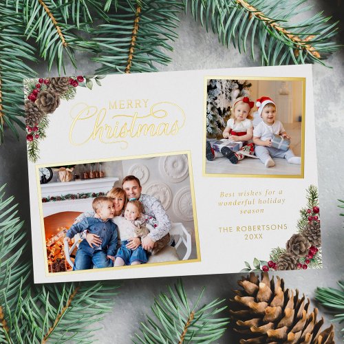 Watercolor Christmas Botanical Pine 2 Photo Gold Foil Holiday Card
