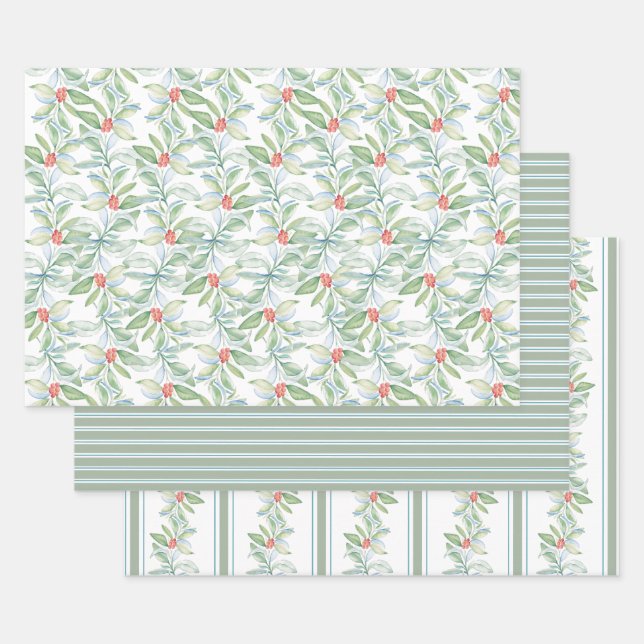 Watercolor Christmas Botanical Wrapping Paper Sheets (Set)