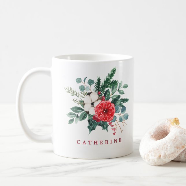 Watercolor Christmas Botanicals Custom Name Coffee Mug (With Donut)