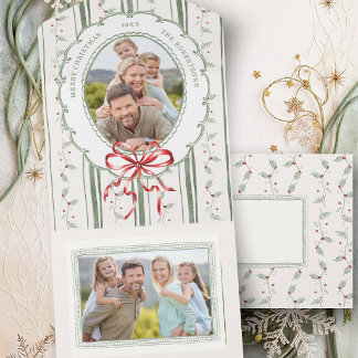Watercolor Christmas Bow Botanical Family Photo All In One Invitation