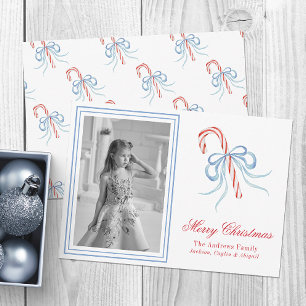 Watercolor Christmas Bow Candy Cane Photo Holiday Card