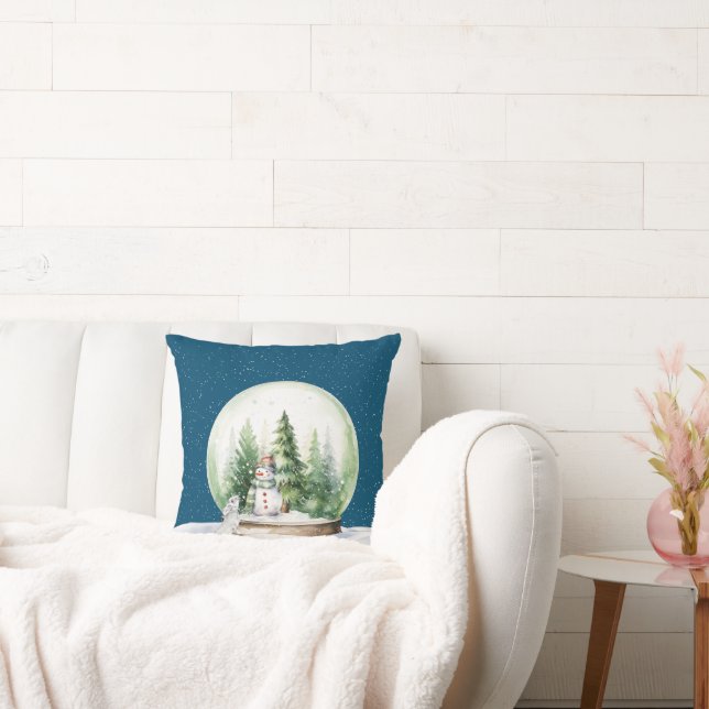 Watercolor Christmas Bunny and Snowman Throw Pillow (Couch)