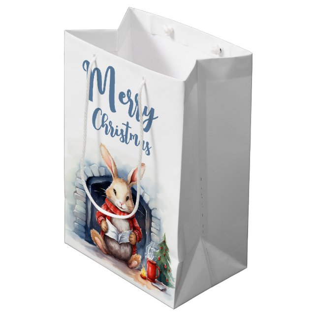 Watercolor Christmas Bunny By Fireplace Medium Gift Bag (Front Angled)