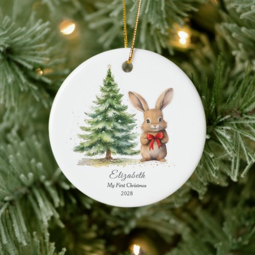 Watercolor Christmas Bunny First Christmas Photo Ceramic Ornament