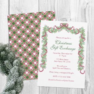 Watercolor Christmas Burgundy Green Plaid Garland Invitation