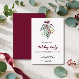 Watercolor Christmas Burgundy Greenery Invitation