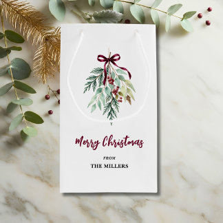 Watercolor Christmas Burgundy Greenery Small Gift Bag