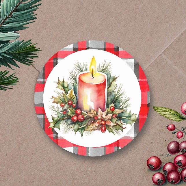  Watercolor Christmas Candle Checkered Plaid Classic Round Sticker (Creator Uploaded)