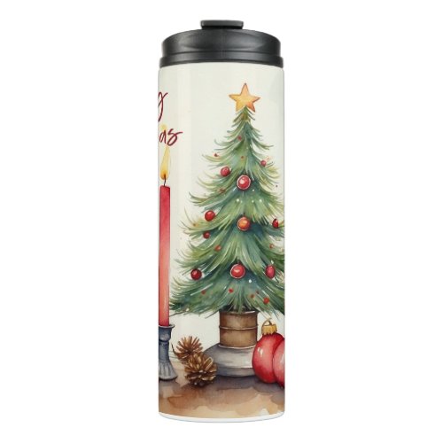 Watercolor Christmas Candle Festive Painting  Thermal Tumbler