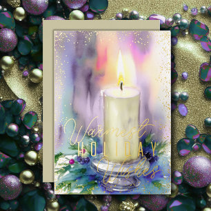 Watercolor Christmas Candle Ivory Foil Holiday Card