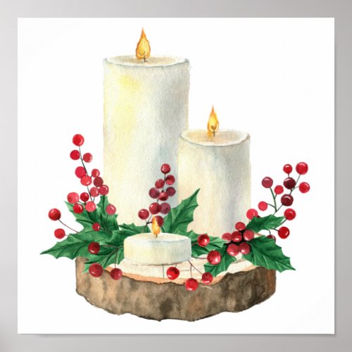 Watercolor Christmas Candles Berries Leaves  Poster