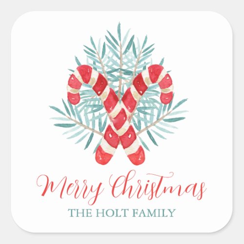 Watercolor Christmas Candy Cane Gift Square Sticker