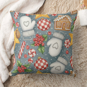 Watercolor Christmas Candy Cane Gingerbread Throw Pillow