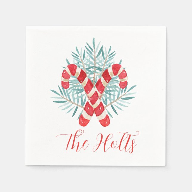 Watercolor Christmas Candy Cane Personalized Napkins (Front)