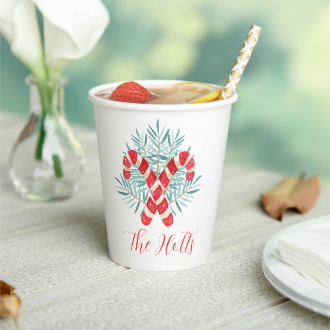 Watercolor Christmas Candy Cane Personalized Paper Cups (Insitu)