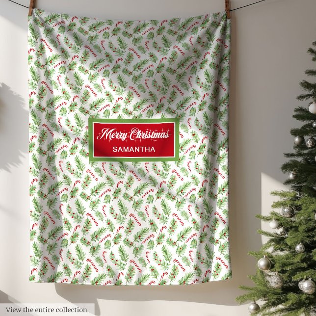 Watercolor Christmas candy canes personalized  Fleece Blanket (Watercolor Christmas candy canes personalized Fleece Blanket )