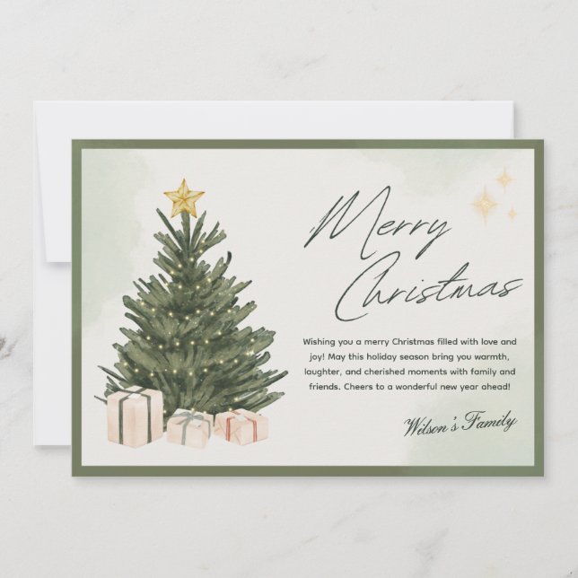 Watercolor Christmas Card Green Christmas Tree (Front)