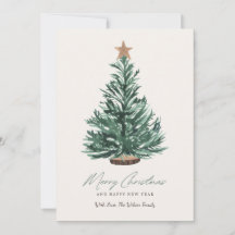 Watercolor Christmas Card Green Tree with Star