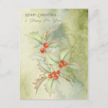 Watercolor christmas card with holly branch