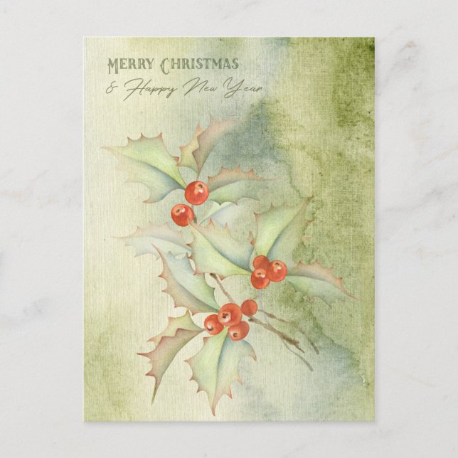 Watercolor christmas card with holly branch (Front)