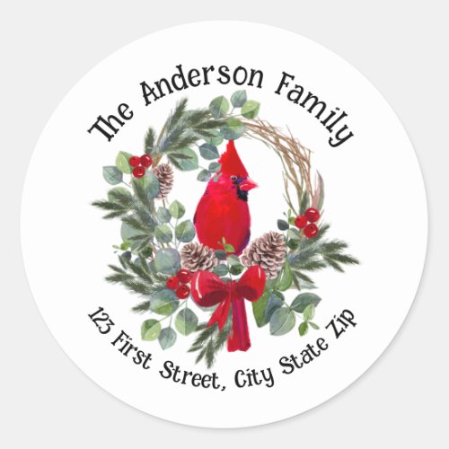 Watercolor Christmas Cardinal Red Bird Berries  Classic Round Sticker