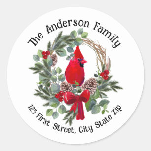 Watercolor Christmas Cardinal Red Bird Berries Classic Round Sticker