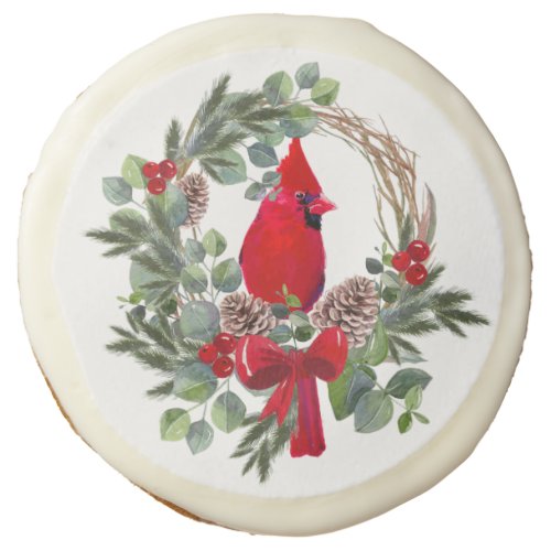 Watercolor Christmas Cardinal Red Bird Wreath Sugar Cookie