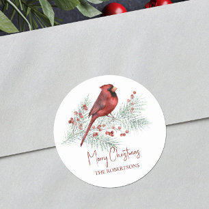 Watercolor Christmas Cardinal Winter Pine Classic Round Sticker