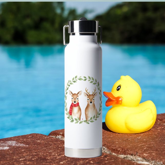 Watercolor Christmas Caribou Couple Water Bottle (Creator Uploaded)