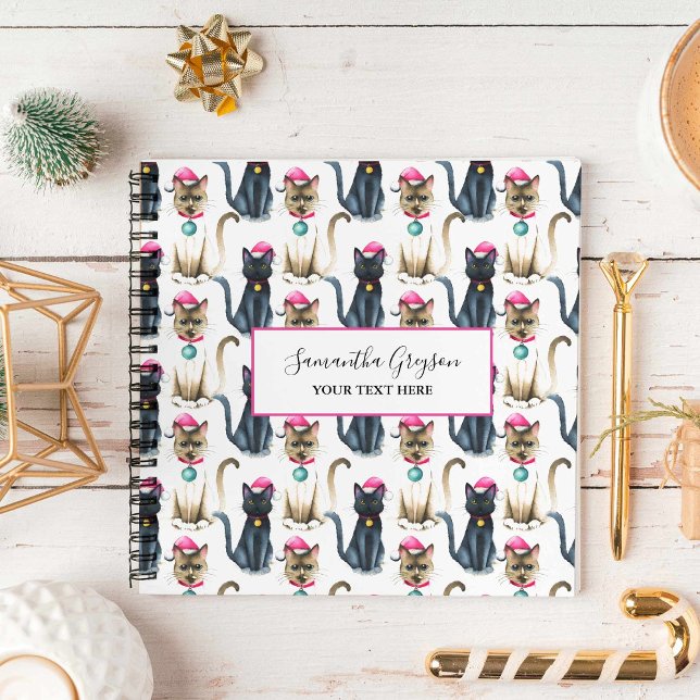 Watercolor Christmas Cats Personalized Notebook (Watercolor Christmas cats black and siamese art by Victoria Grigaliunas Do Tell A Belle)