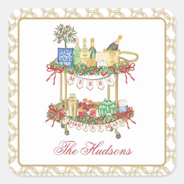 Watercolor Christmas Champagne Bar Cart Square Sticker (Front)