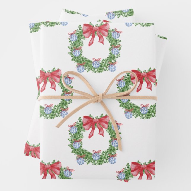 Watercolor Christmas Chinoiserie Ornament Wreath Wrapping Paper Sheets (In situ)