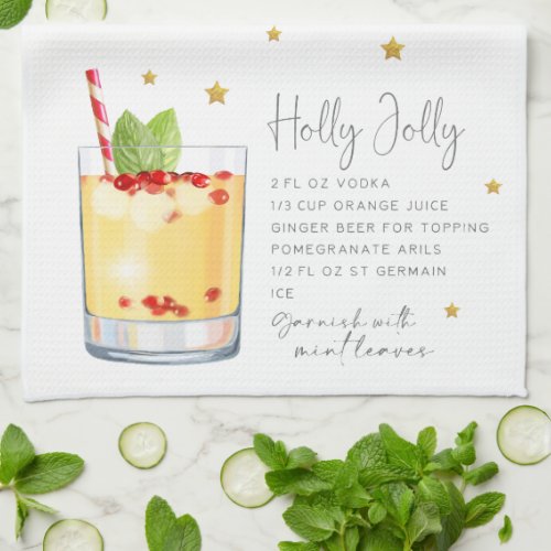 Watercolor Christmas Cocktail Holly Jolly Recipe Kitchen Towel