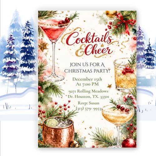 Watercolor Christmas Cocktails Holiday Party Invitation