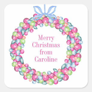 Watercolor Christmas Colorful Baubles Wreath Square Sticker