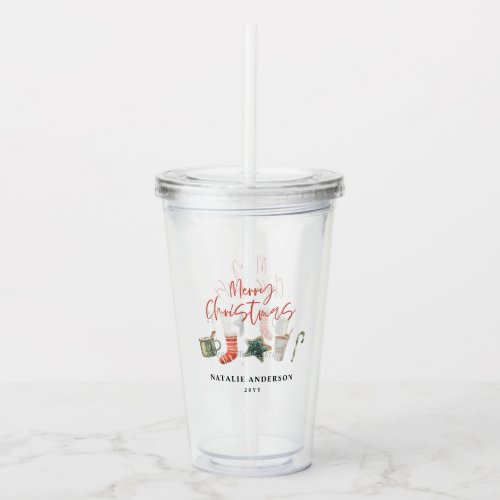 Watercolor Christmas cookie drinks candy cane  Acrylic Tumbler