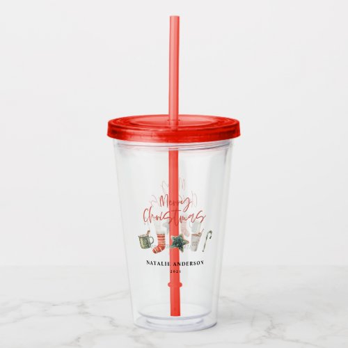Watercolor Christmas cookie drinks candy cane  Acrylic Tumbler