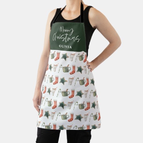Watercolor Christmas cookie drinks candy cane Apro Apron