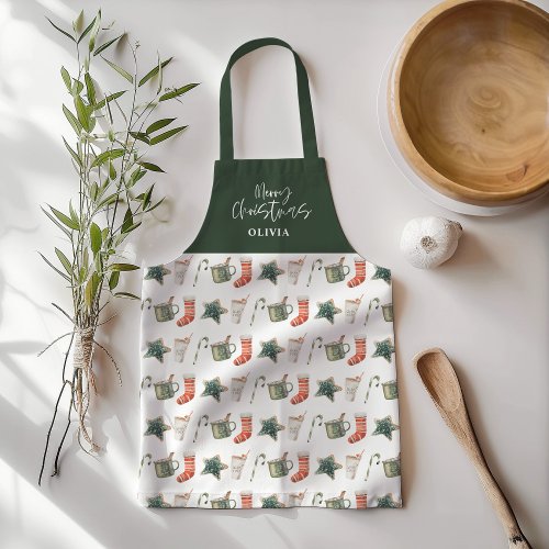 Watercolor Christmas cookie drinks candy cane Apro Apron