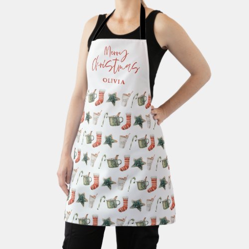 Watercolor Christmas cookie drinks candy cane Apro Apron