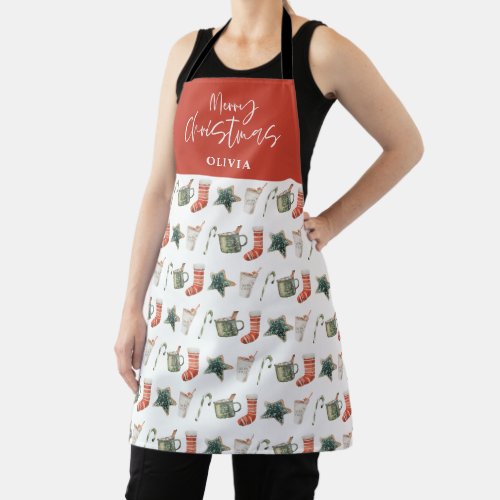 Watercolor Christmas cookie drinks candy cane Apron