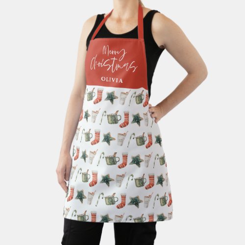 Watercolor Christmas cookie drinks candy cane Apron